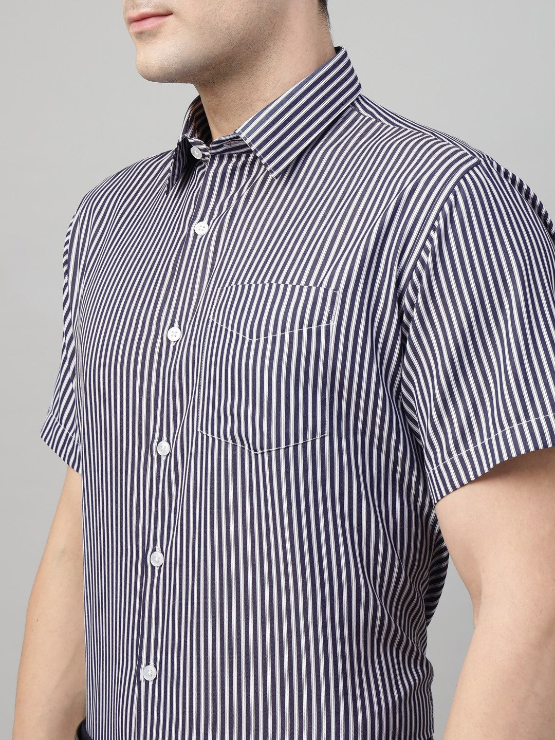 Men Navy & White Stripe Cotton Slim Fit Formal Shirt