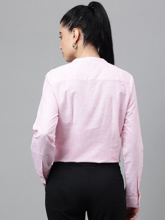 Women Pink Solid Pure Cotton Long Sleeve Regular Formal Top