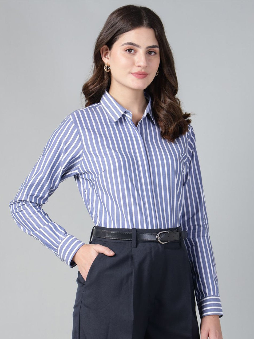 Hancock Women Blue & White Stripe Pure Cotton Regular Fit Formal Shirt