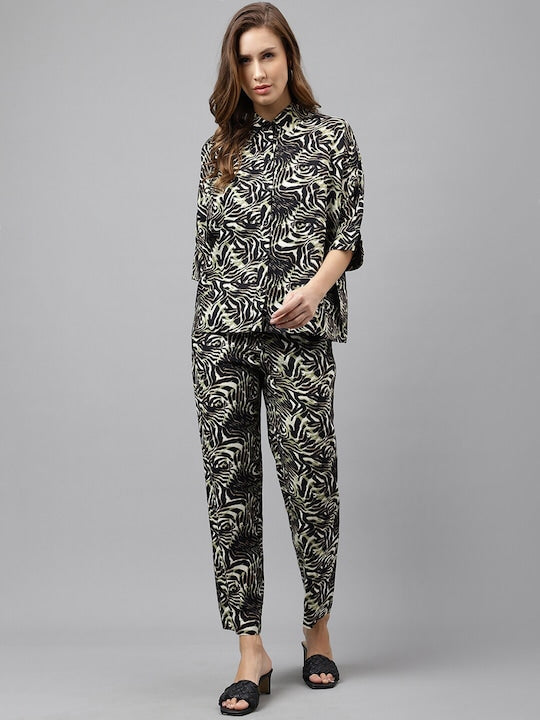 Hancock Women Viscose Rayon Tiger Printed Regular Spread Collar Shirt & Elasticated Pant Co-ords Set