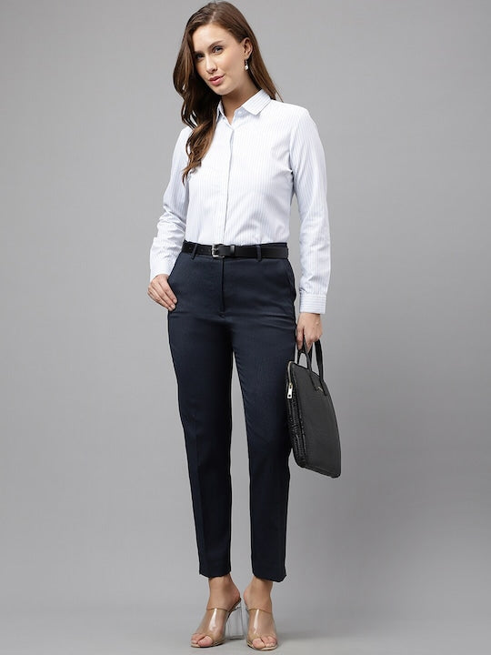 Hancock Women Navy Blue Self Design Flat- Front Ciggarate Fit Formal Trouser