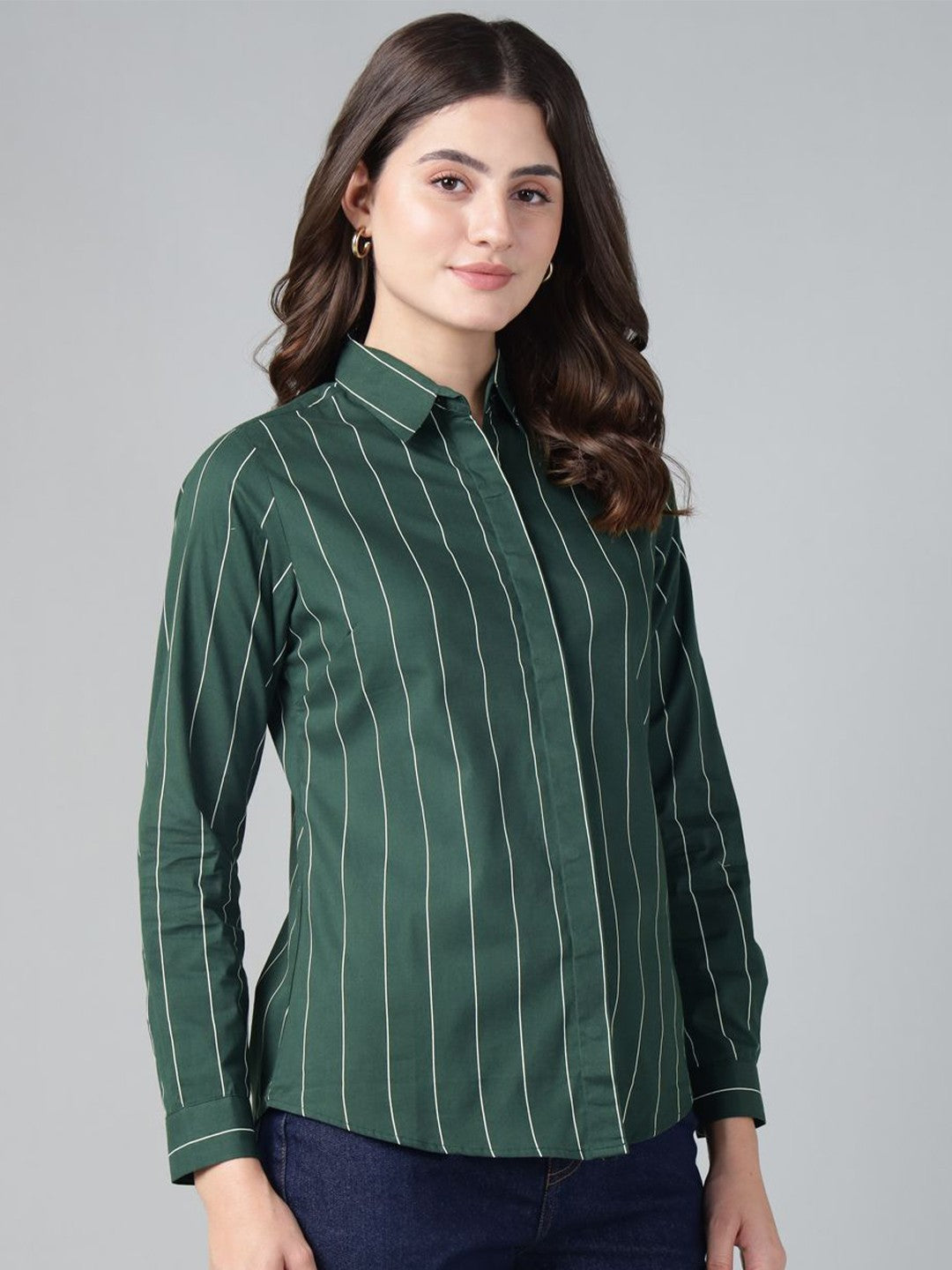 Hancock Women Bottle Green Stripe Pure Cotton Slim Fit Casual Shirt