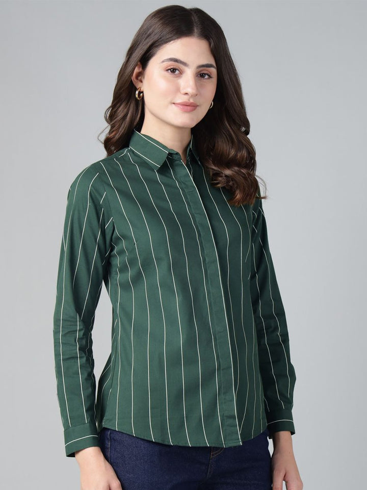 Hancock Women Bottle Green Stripe Pure Cotton Slim Fit Casual Shirt