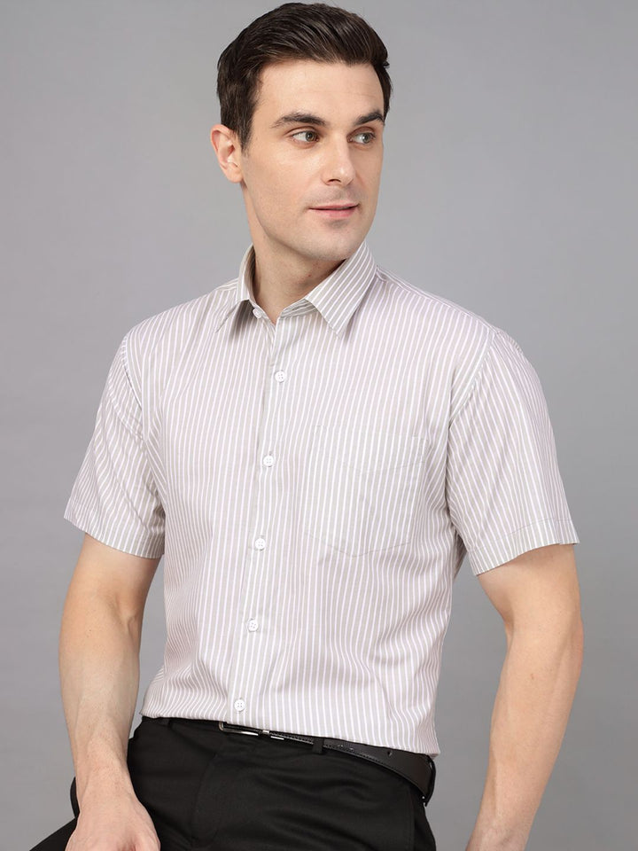 Basil &amp; White vertical striped pure cotton opaque Formal shirt ,has a spread collar, patch pocket, button placket, short regular sleeves, curved hem