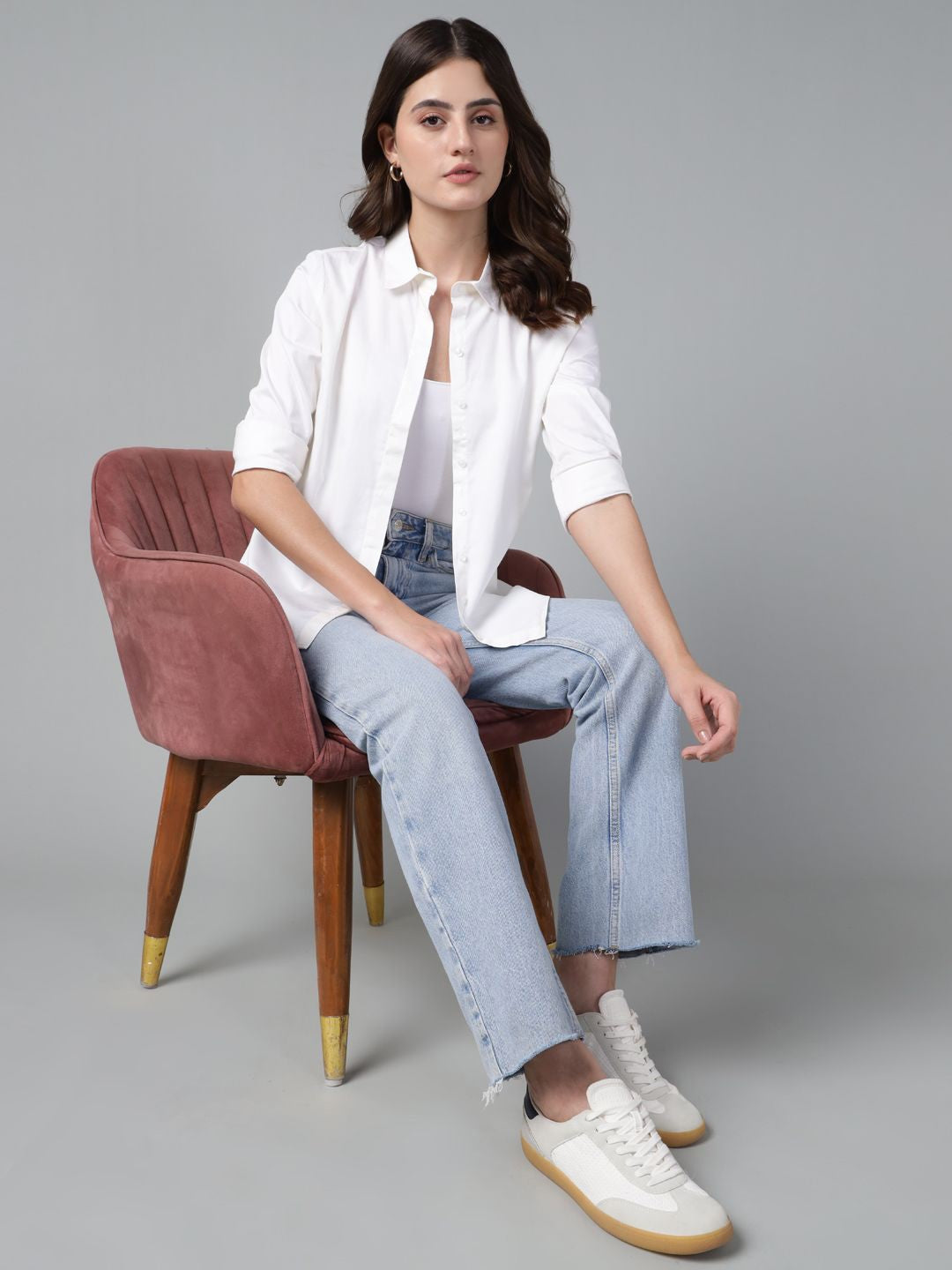 Hancock Women White Solid Pure Cotton Regular Fit Casual Shirt