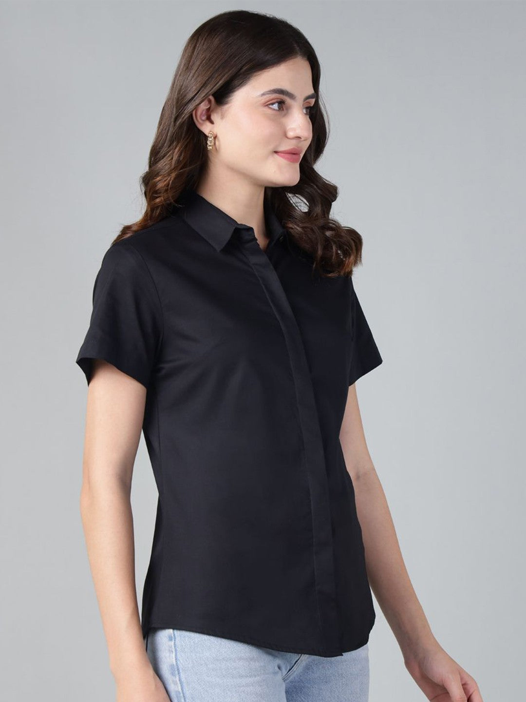 Hancock Women Black Solid Pure Cotton Short Sleeve Slim Fit Formal Shirt