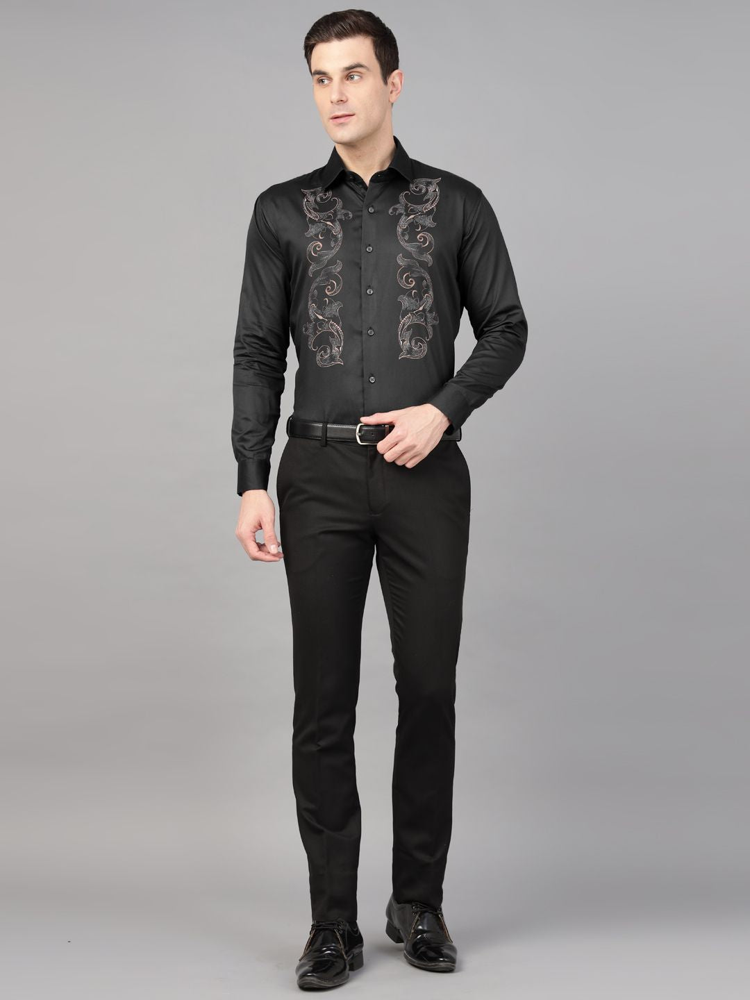 Hancock Men Black Print Wrinkle Free Pure Cotton Satin Slim Fit Party Shirt
