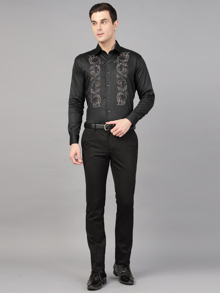 Hancock Men Black Print Wrinkle Free Pure Cotton Satin Slim Fit Party Shirt