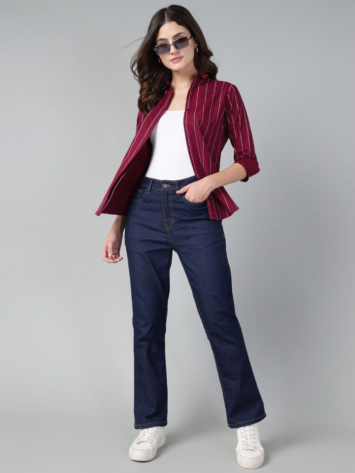 Hancock Women Maroon Stripe Pure Cotton Slim Fit Casual Shirt