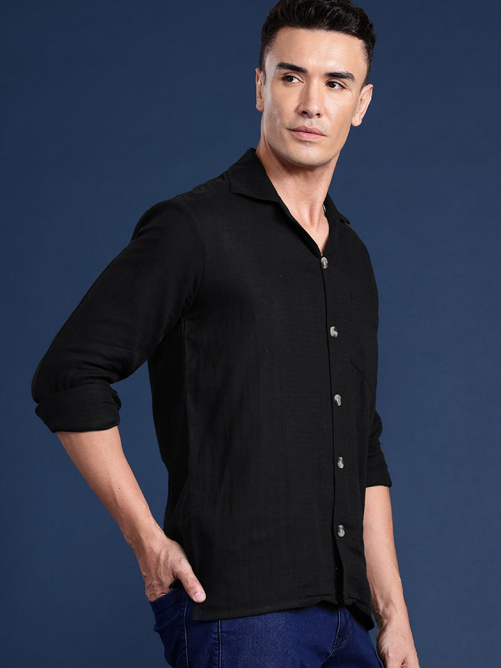 Men Black Solid Pure Cotton Relaxed Fit Casual Shirt