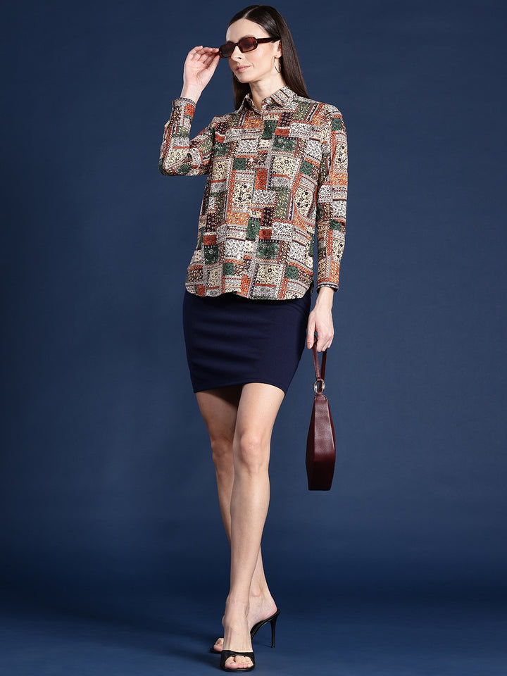 Women Beige & Olive Ethnic Print Pure Cotton Boyfriend Fit Casual Shirt