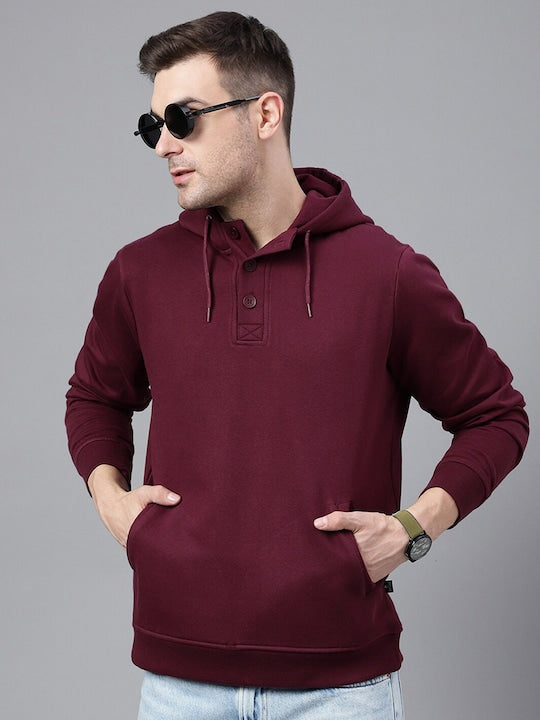 Men Burgundy Solid Half Button Placket Long Sleeves Fleece Hooded Sweatshirt