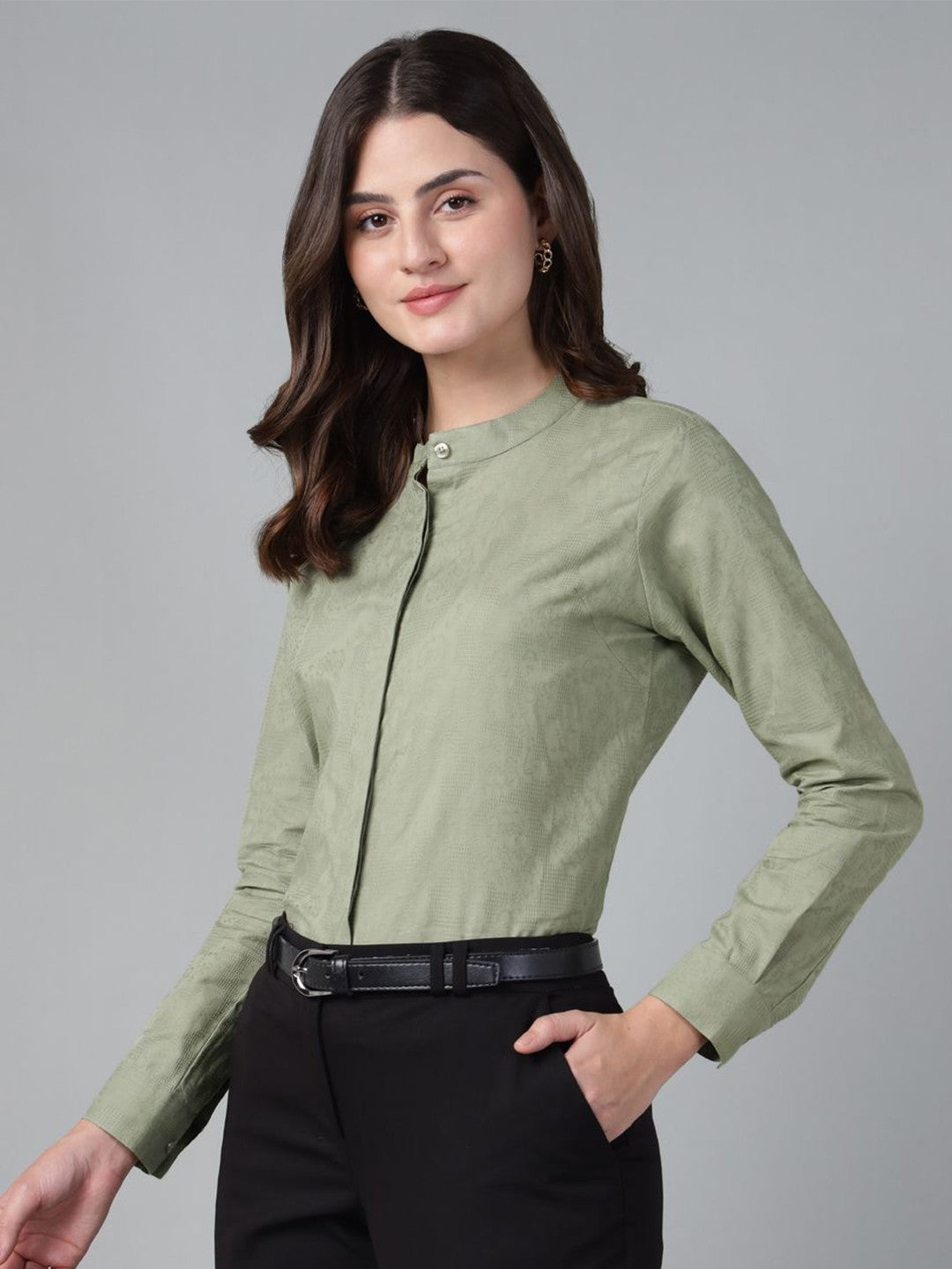 Hancock Women Olive Solid Pure Cotton Regular Fit Formal Shirt