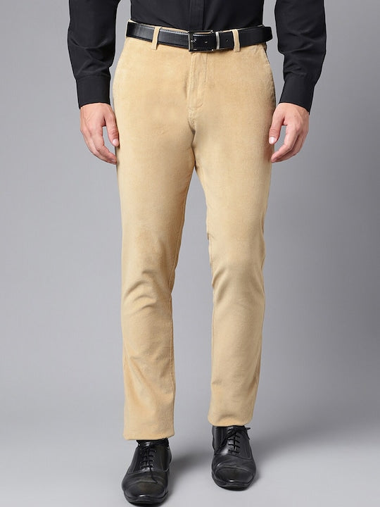 Men Khaki Solid Cotton cotton stretch corduroy Slim Fit Formal Trouser