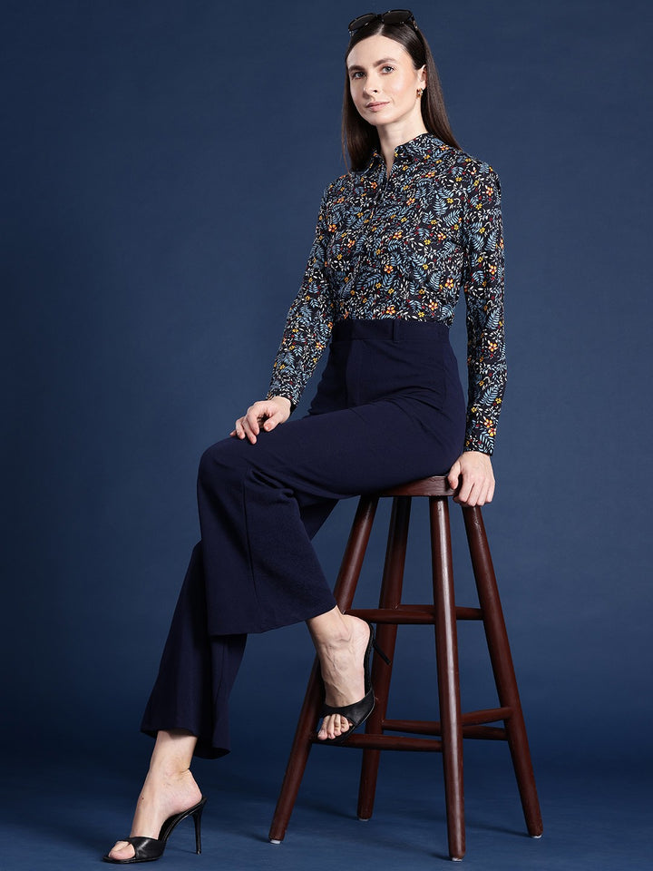 Women Black Floral Viscose Rayon Rayon Formal Shirt