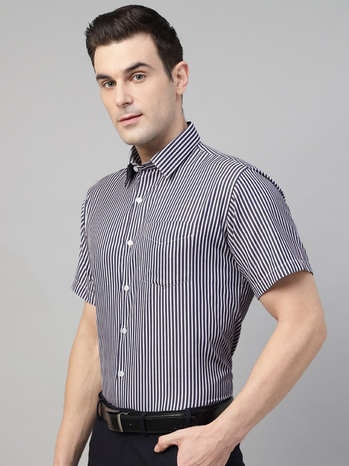 Men Navy & White Stripe Cotton Slim Fit Formal Shirt