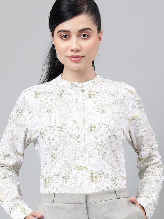 Women White & Green Floral Printed Pure Cotton Long sleeve Regular Fit Formal Top