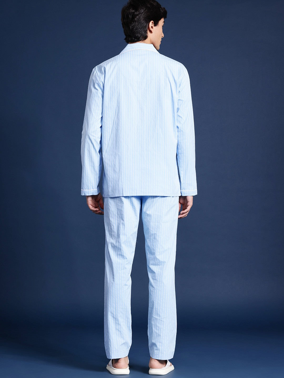 Men Blue & White Striped Pure Cotton Relaxed Fit Casual Night Suit