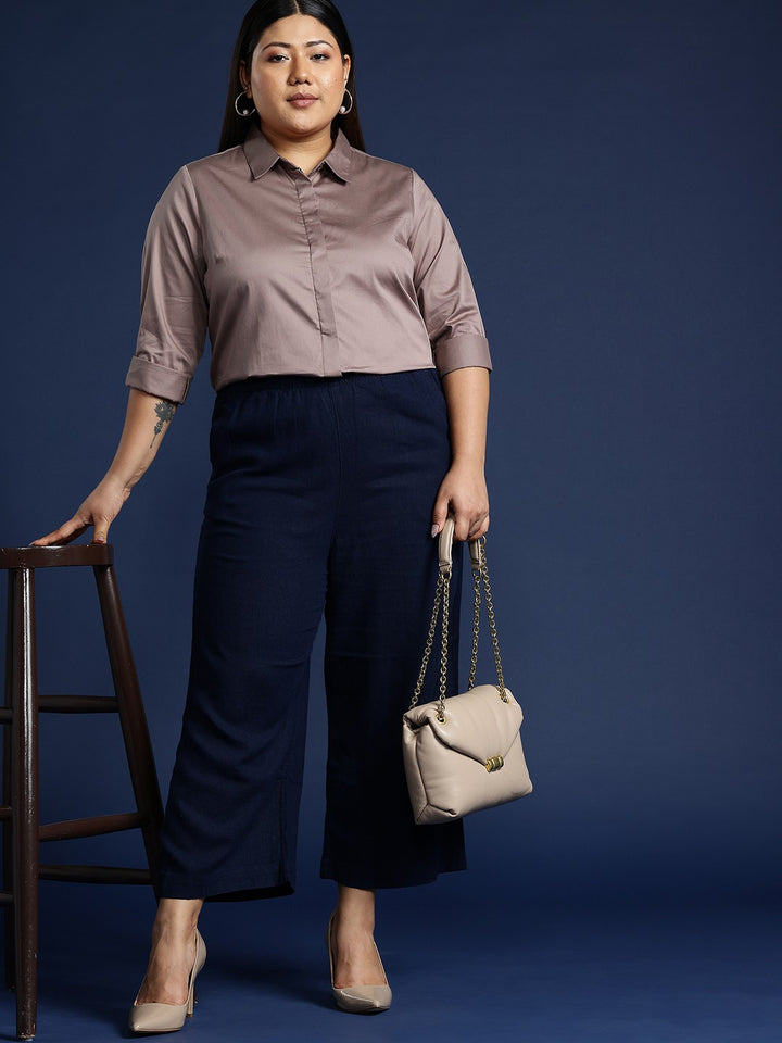 Women Dusty Mauve Solid Pure Cotton Satin Plus Size Formal Shirt