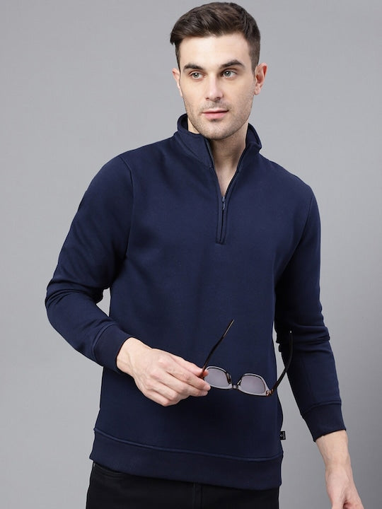 Men Navy Blue Solid Half Zipper Long Sleeves Fleece Sweatshirt