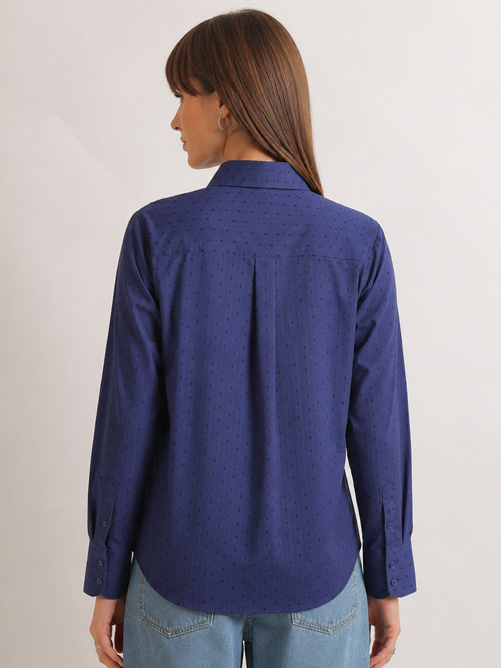 Hancock   Women   Royal Blue   Solid Self Design   Pure Cotton   Relaxed Fit   Casual   Shirt