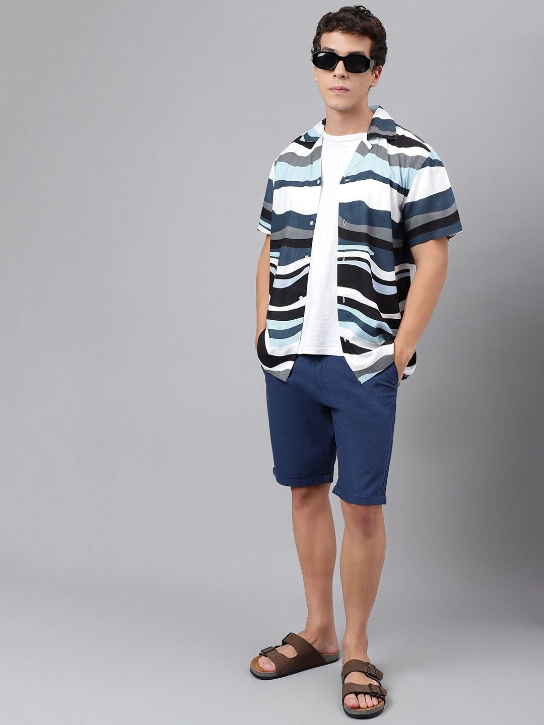 Hancock Men Navy & White Prints Viscose Rayon Relaxed Fit Casual Shirt