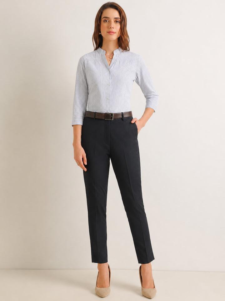Hancock   Women   White & Navy Blue   Stripes   Pure Cotton   Regular Fit   Formal   Shirt