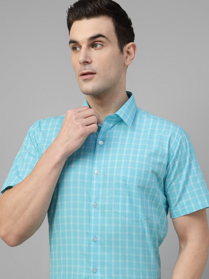 Blue tartan checked pure cotton short sleeves shirt 