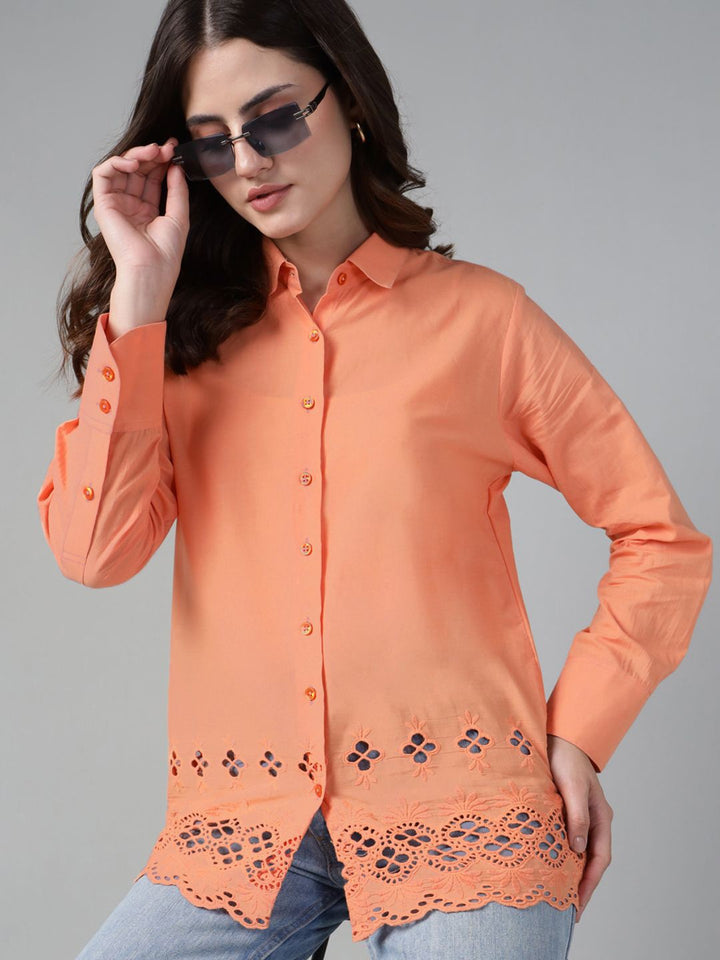 Hancock Women Orange Solid Schiffli Pure Cotton Relaxed Fit Casual Shirt