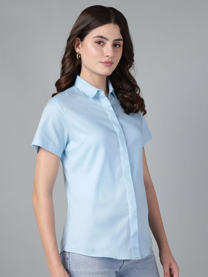 Hancock Women Sky Blue Solid Pure Cotton Short Sleeve Slim Fit Casual Shirt