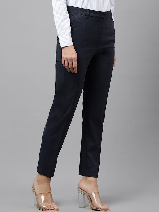 Hancock Women Navy Blue Self Design Flat- Front Ciggarate Fit Formal Trouser