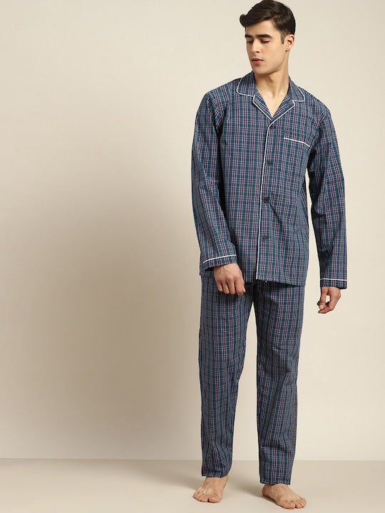 Men Navy  Checks Pure Cotton Relaxed Fit Casual Night Suit