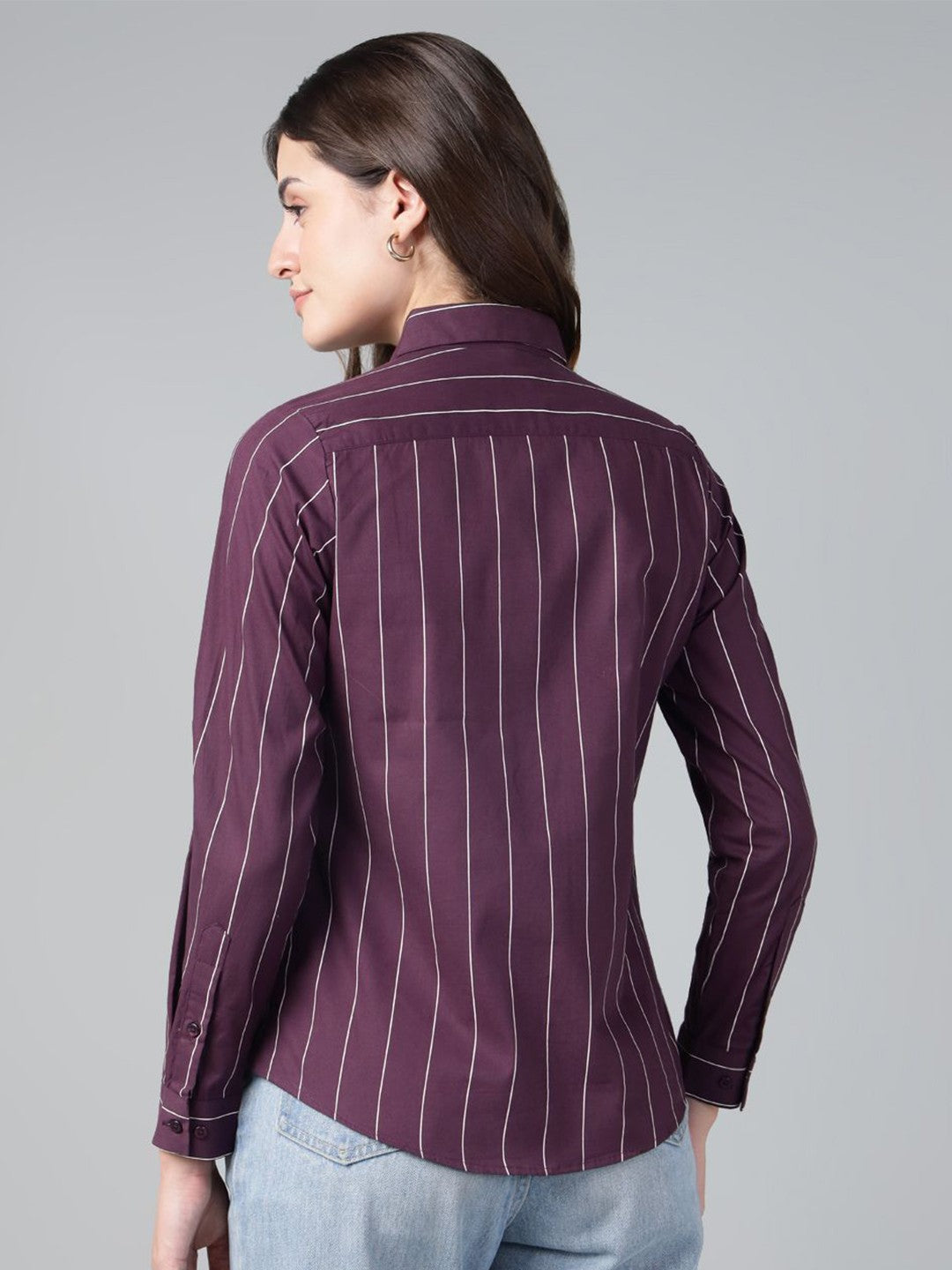 Hancock Women Wine Stripe Pure Cotton Slim Fit Casual Shirt