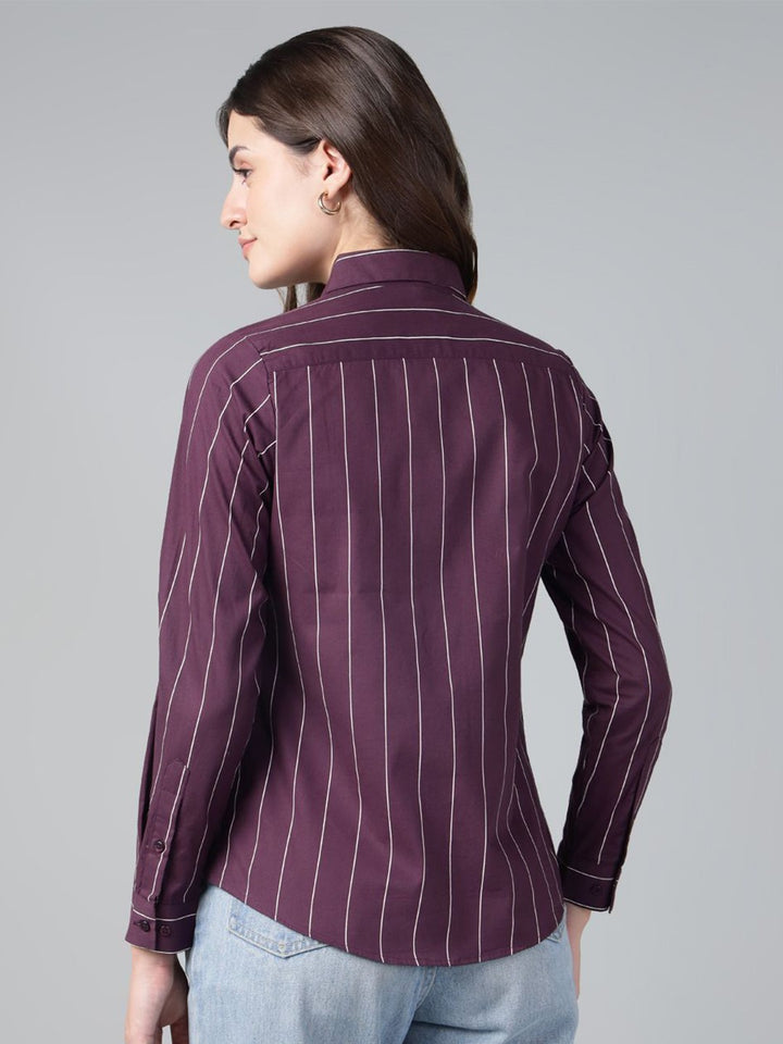 Hancock Women Wine Stripe Pure Cotton Slim Fit Casual Shirt