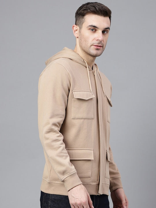 Men Beige Solid Full Zipper Cargo Pocket Long Sleeves Fleece Hooded Sweatshirt