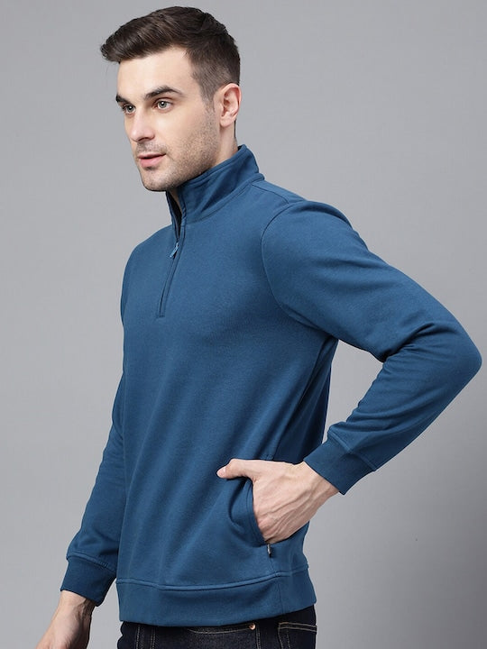 Men Turquoise Blue Solid Half Zipper Long Sleeves Fleece Sweatshirt