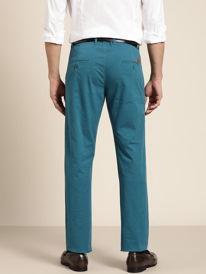 Men Turquoise Blue Solid Pure Cotton Slim Fit Formal Trouser