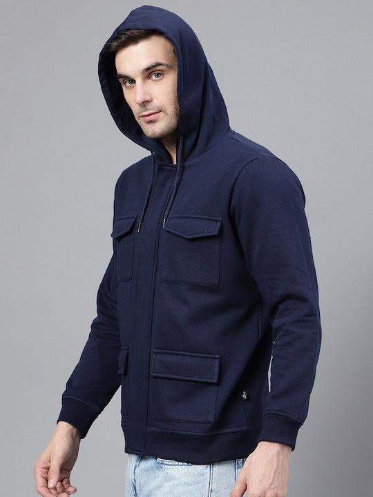 Men Navy Blue Solid Full Zipper Cargo Pocket Long Sleeves Fleece Hooded Sweatshirt