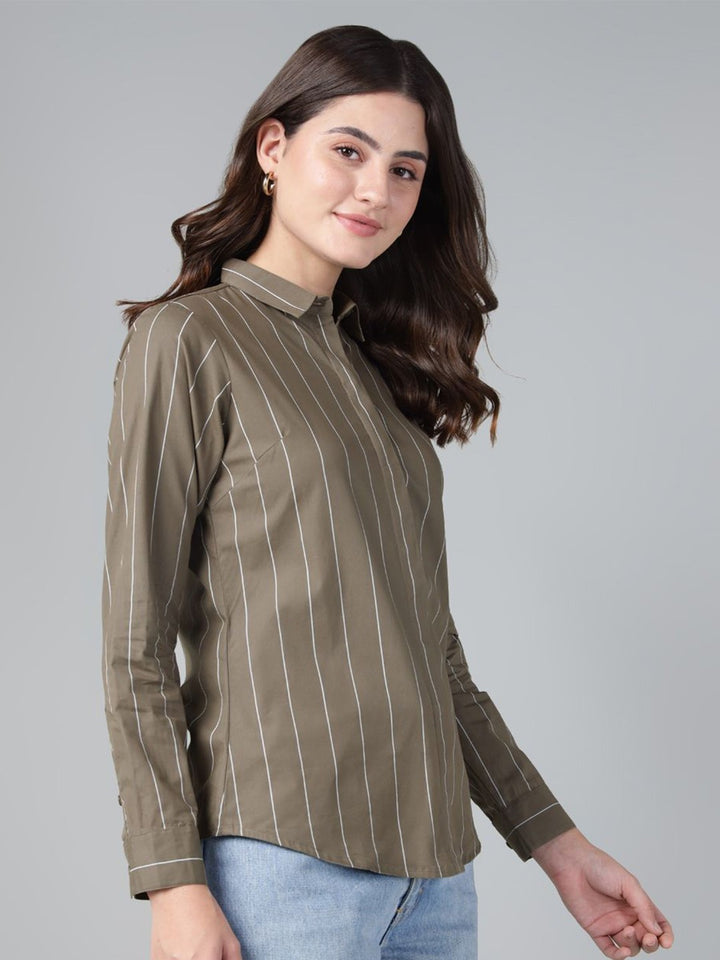 Hancock Women Olive Stripe Pure Cotton Slim Fit Casual Shirt