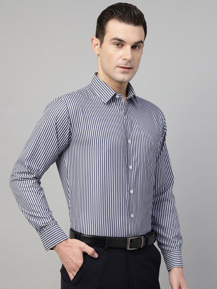 Navy &amp; white vertical striped wrinkle ressistant cotton blend long sleeves shirt 