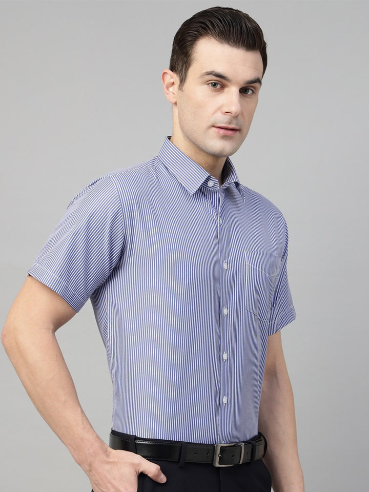 Men Blue & White Stripe Cotton Slim Fit Formal Shirt