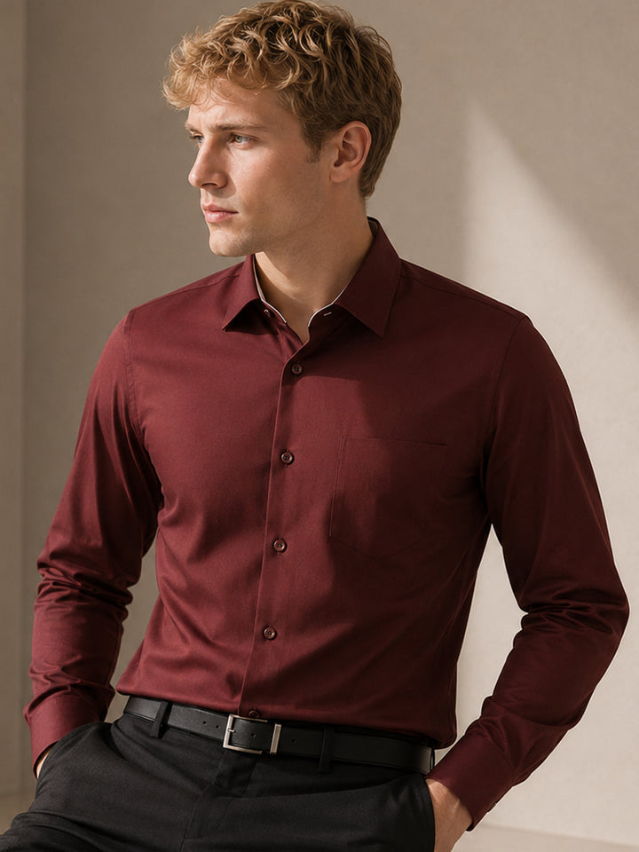 Men Maroon Slim Fit Solid Pure Cotton Formal Shirt