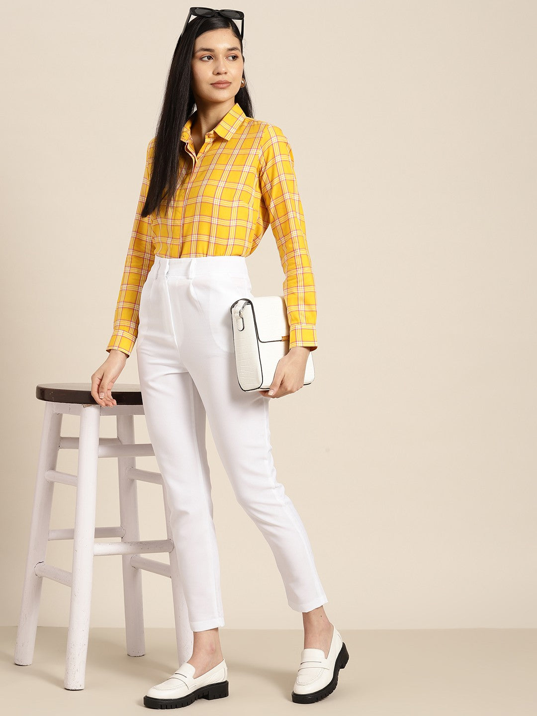 Women Yellow Checks Pure Cotton Formal Shirt - Main Image