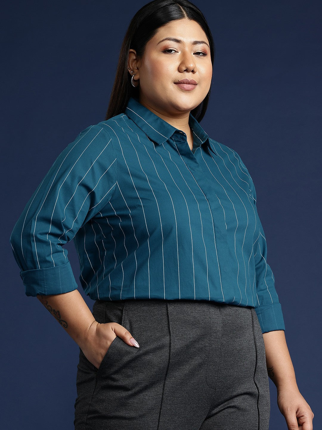 Women Turquoise Stripes Pure Cotton Plus Size Formal Shirt