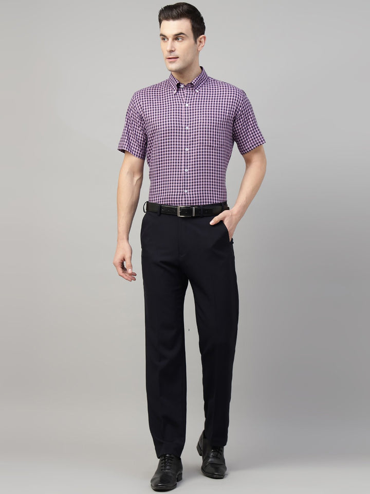 Men Purple & Navy Check Cotton Slim Fit Formal Shirt