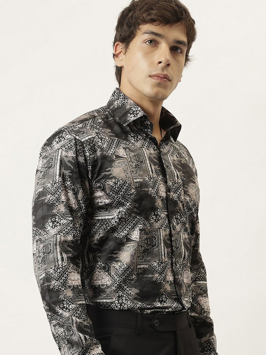 Men Black & Beige Abstract Digital Printed Cotton Satin Slim Fit Party Shirt