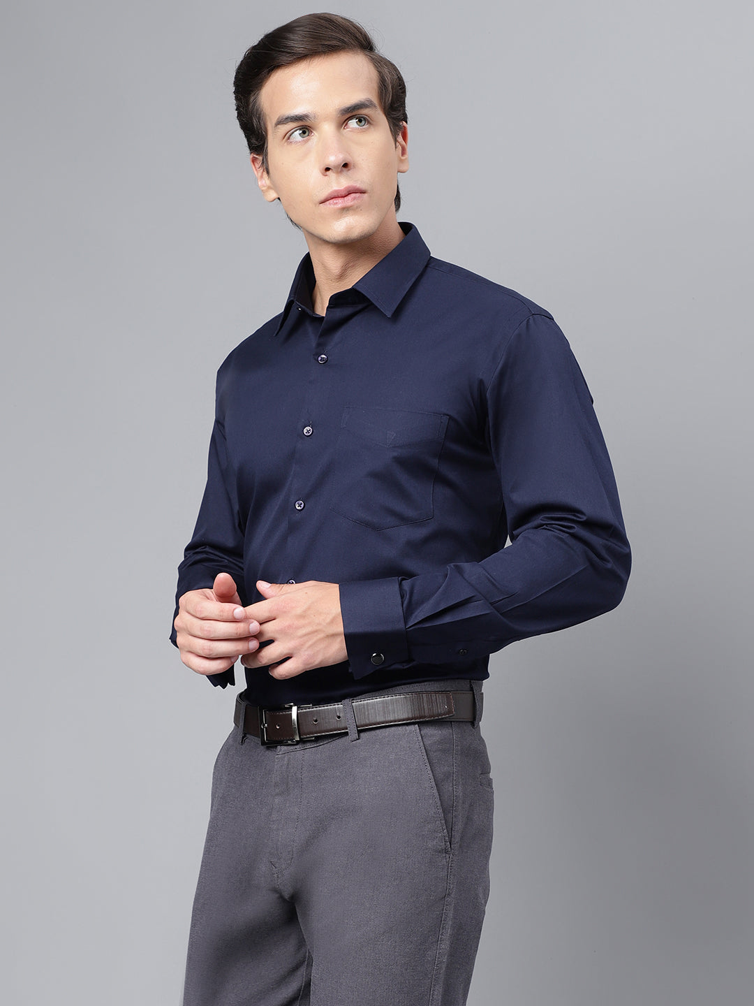 Hancock Men Navy Blue Solid Slim Fit Pure Cotton French Cuffs Formal Shirt Hancock Men Navy Blue Solid Slim Fit Pure Cotton French Cuffs Formal Shirt
