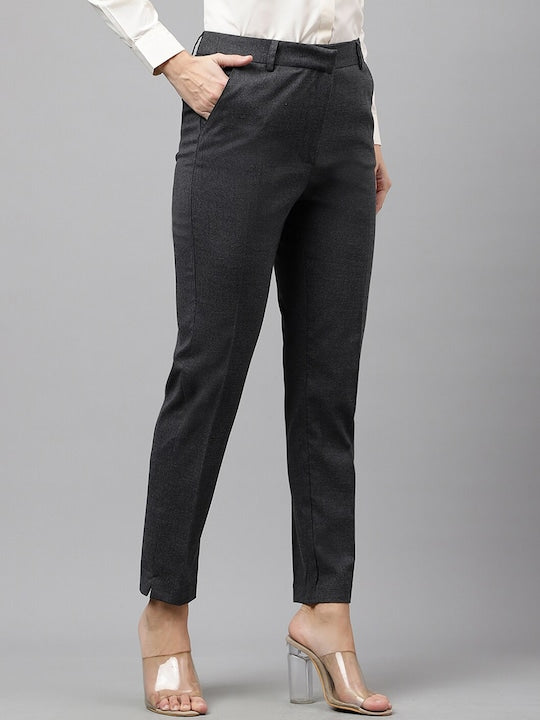 Hancock Women Dark Grey Self Design Flat- Front Ciggarate Fit Formal Trouser