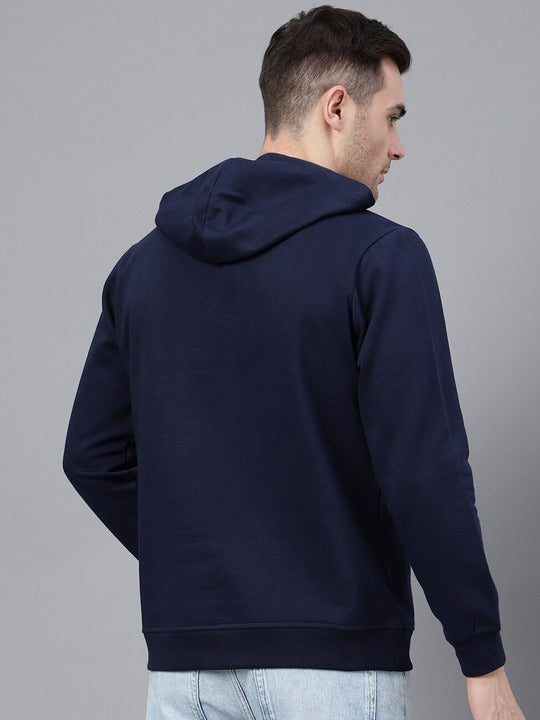 Men Navy Blue Solid Half Button Placket Long Sleeves Fleece Hooded Sweatshirt