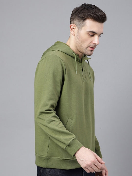 Men Olive Solid Half Button Placket Long Sleeves Fleece Hooded Sweatshirt